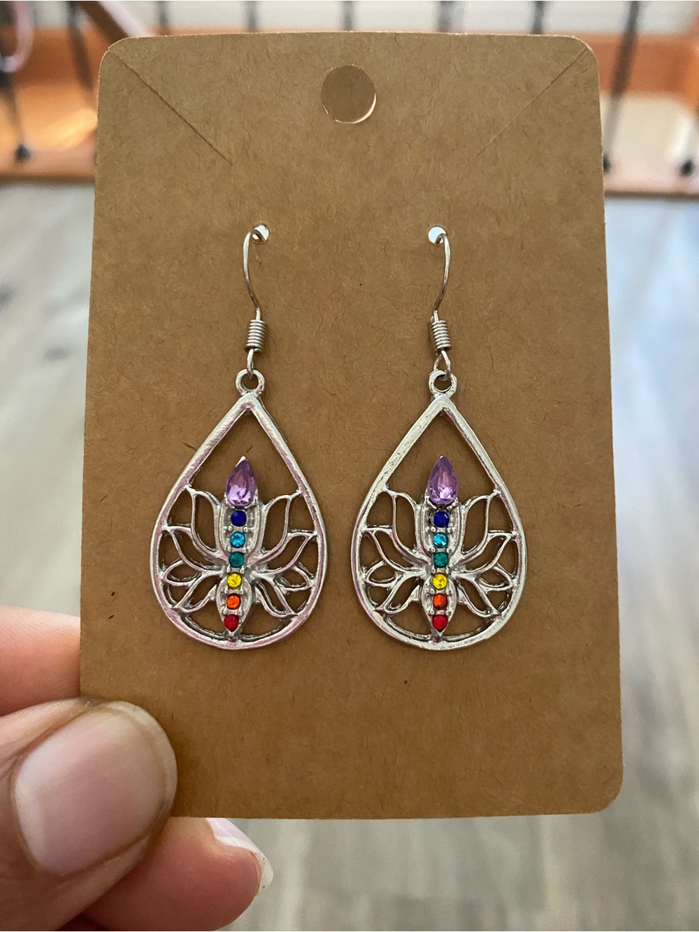 Multicolored Silver Teardrop Lotus 7 Chakras Drop Earrings